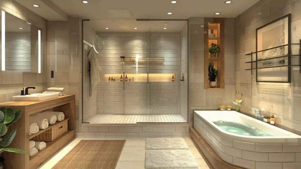 Bathroom remodel contractors Bellevue WA finished shower close-up with white tile showerhead shower handle and sealed grout lines