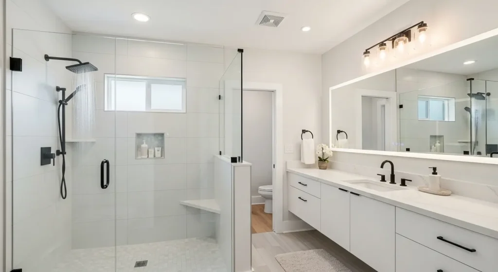 Modern bathroom after remodeling in Bellevue WA with walk-in shower and vanity