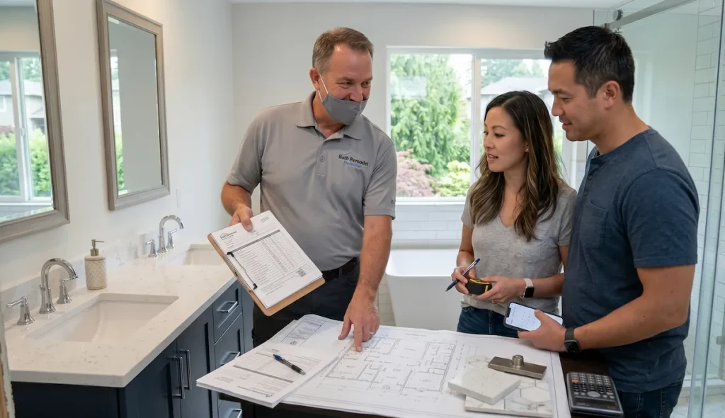 A licensed Bellevue bathroom remodeling contractor reviewing a written cost estimate and architectural blueprints with a homeowners couple inside a newly finished modern bathroom.