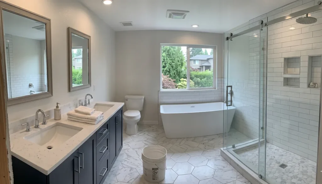 A completed mid-range to high-end bathroom remodel in Bellevue, WA, featuring a modern double vanity with stone countertops, a freestanding soaking tub, and a glass-enclosed walk-in tile shower.
