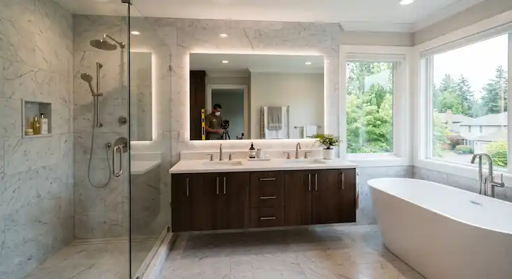 A master bathroom undergoing a full mid-renovation gut remodel in Bellevue, WA, featuring a professional contractor laying hexagonal floor tiles next to a freestanding tub and new double vanity.