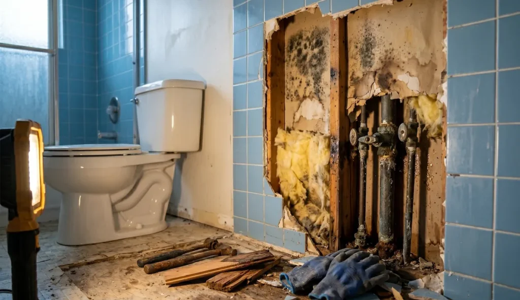 A close-up view of hidden water damage exposed behind a partially demolished bathroom wall in an older home, showing extensive mold growth, rusted copper pipes, and rotted wood studs.
