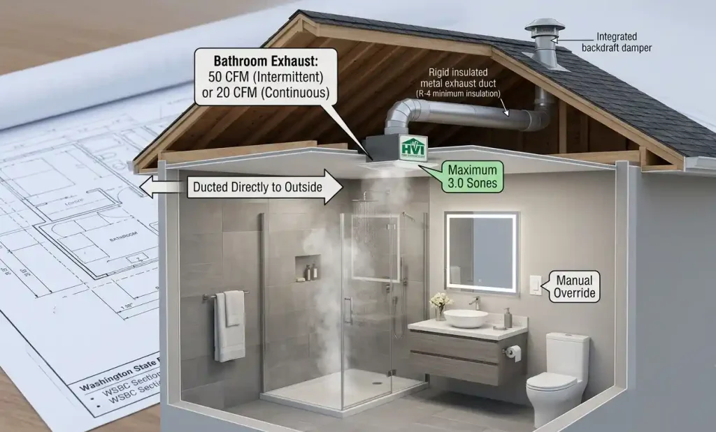 Bellevue WA code-compliant bathroom exhaust duct diagram