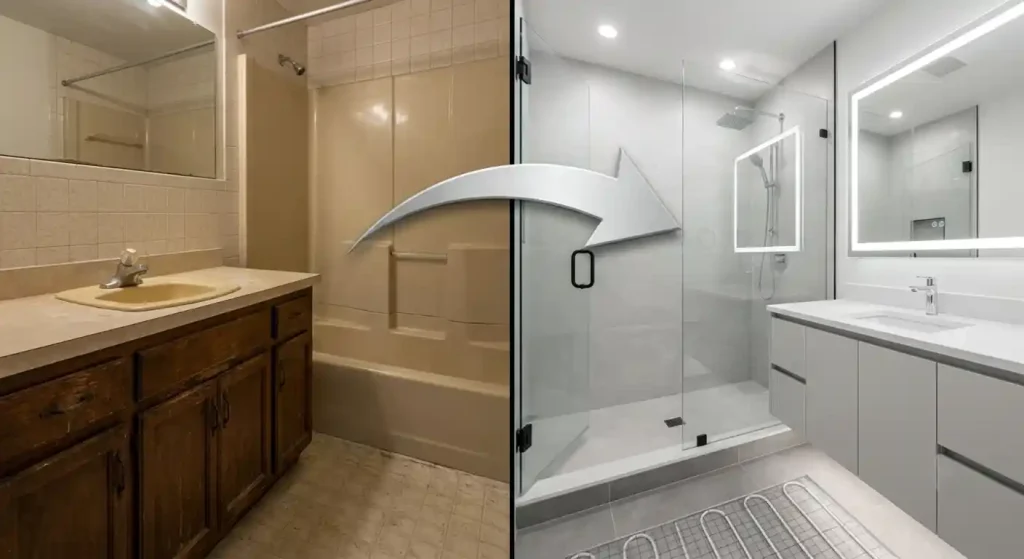 Bellevue bathroom before and after remodel split-screen with arrow