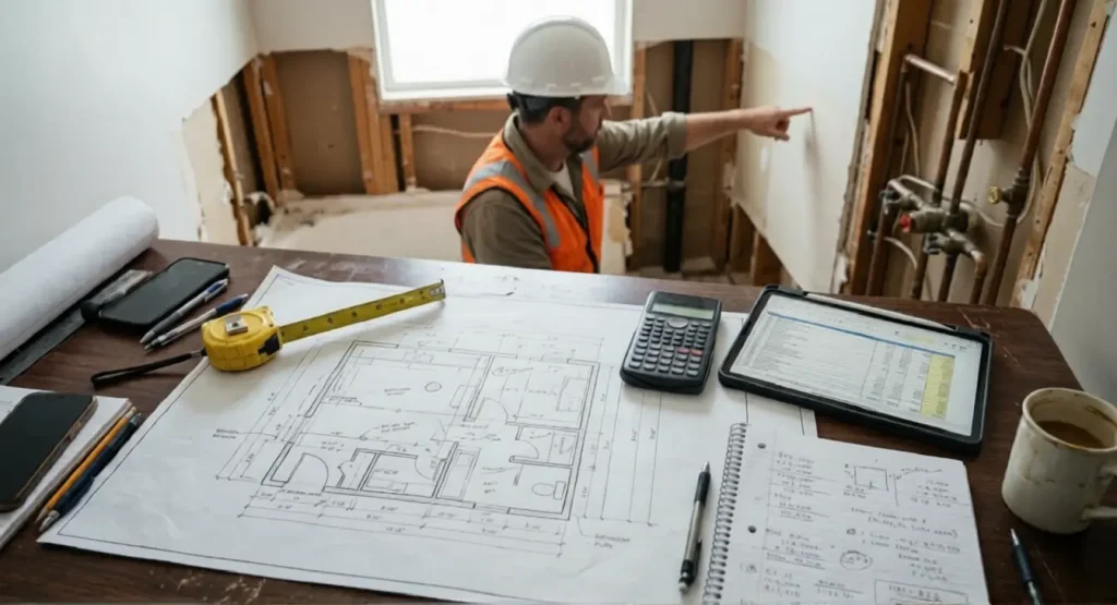 Contractor desk with blueprint tape measure tablet calculator bathroom estimate tools